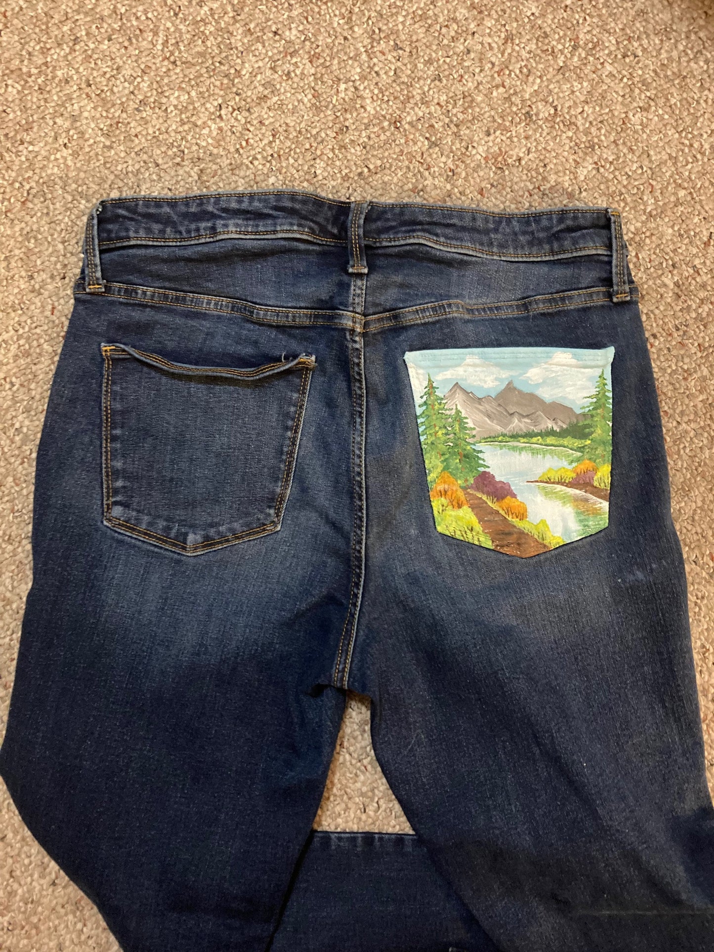 Bob Ross Inspired Landscape Painting on Denim Jeans