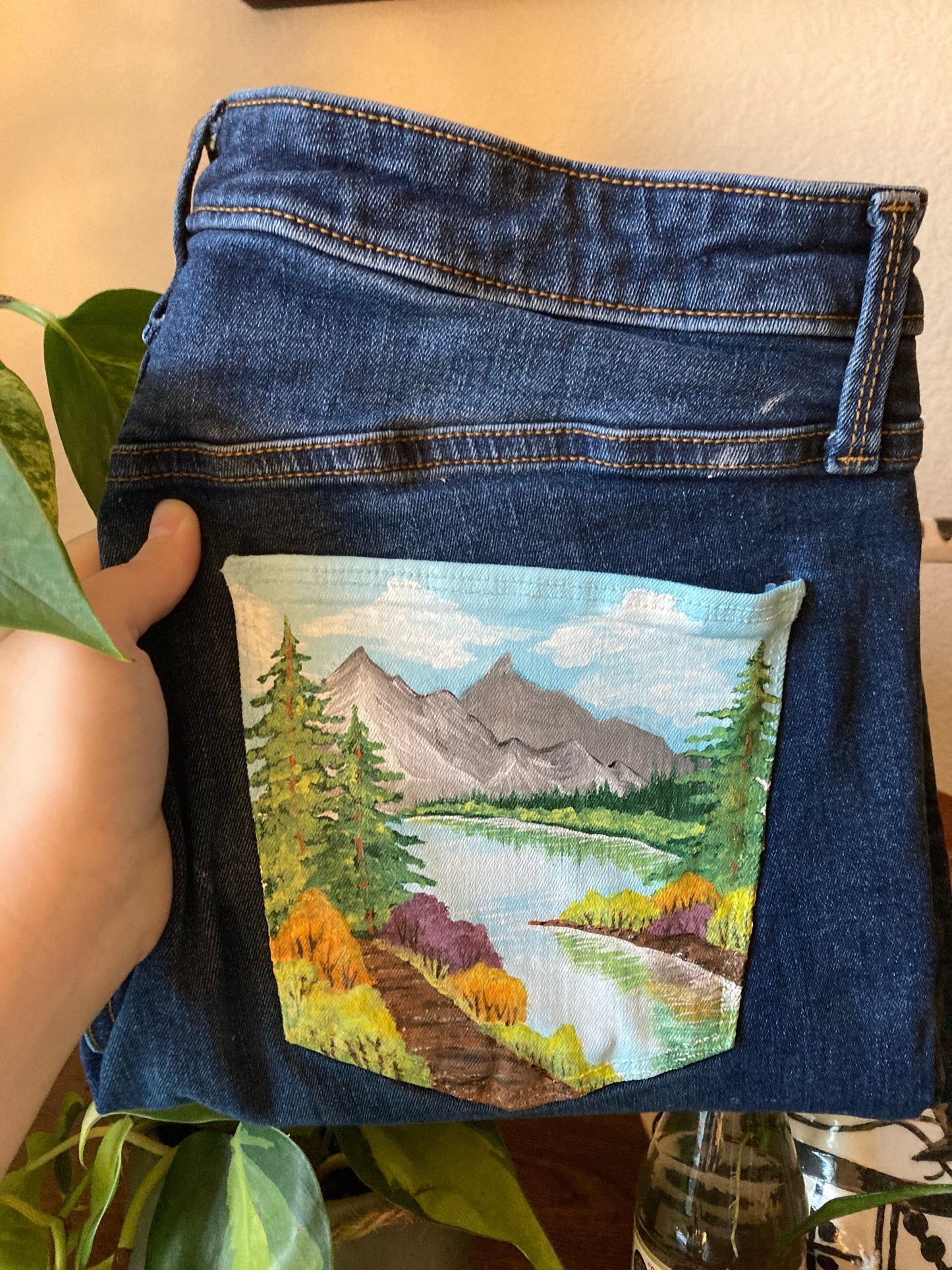 Bob Ross Inspired Landscape Painting on Denim Jeans
