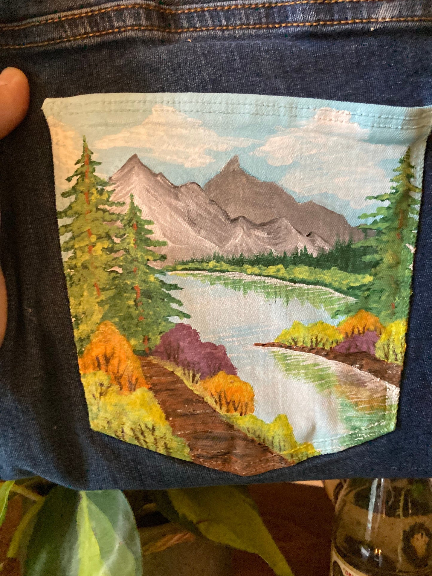 Bob Ross Inspired Landscape Painting on Denim Jeans