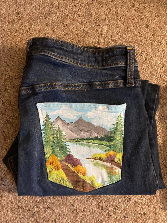 Bob Ross Inspired Landscape Painting on Denim Jeans